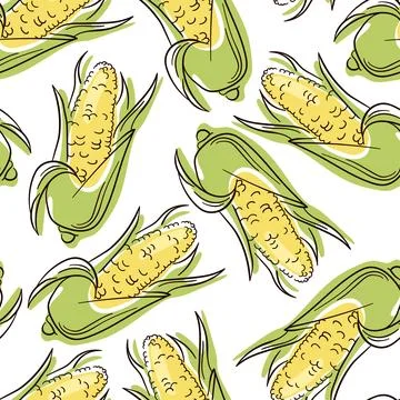 Corn line art seamless pattern. Seamless linear pattern of sweet corn cobs with Stock Illustration