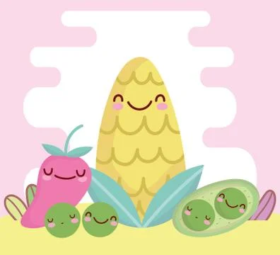 Corn peas and pepper menu character cartoon food cute Stock Illustration