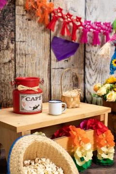 Corn, popcorn and straw hat. Typical table arrangements for the Brazilian Fes Stock Photos