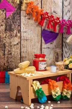 Corn, popcorn and straw hat. Typical table arrangements for the Brazilian Fes Stock Photos