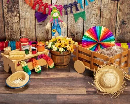 Corn, popcorn and straw hat. Typical table arrangements for the Brazilian Fes Stock Photos