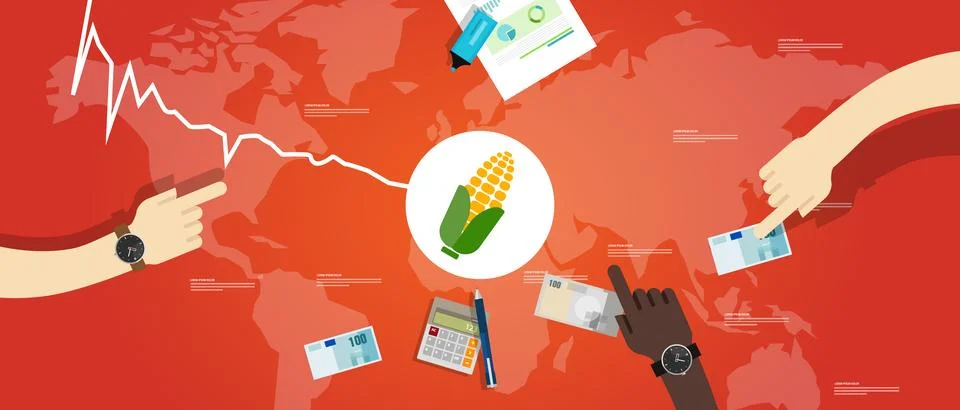 Corn price going down decrease cheaper in commodity market international Stock Illustration