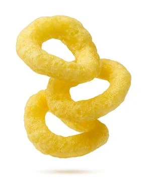 Corn rings flying close-up on a white. Isolated Stock Photos