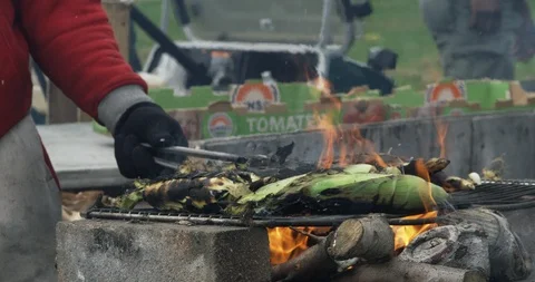 Corn Roasting on Open Fire 2 - 4K Slow Motion Stock Footage 113109814