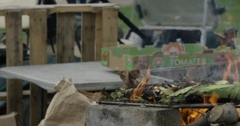 Corn Roasting on Open Fire - 4K Slow Motion Stock Footage 113109850