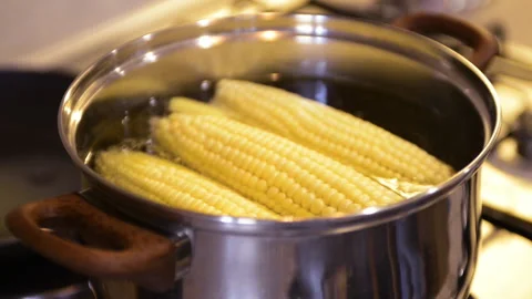 Corn in a saucepan with boiling water 1 Stock Footage 168419740