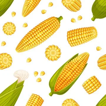 Corn seamless pattern. Sweet maize cobs and grains, yellow spikelets with green Stock Illustration