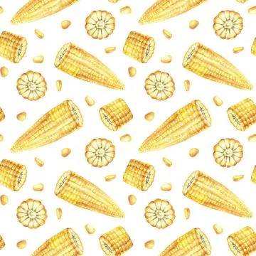 Corn seamless pattern. Watercolor yellow kernels, cut corncobs and yellow maize Stock Illustration