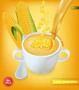 Corn soup Vector realistic product placement. 3d illustrations Stock Illustration