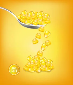 Corn in a spoon Vector close up realistic illustration. Label template. 3d de Stock Illustration