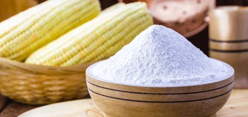 Corn starch is the corn flour used in cooking to prepare creams, as a thicken Stock Photos