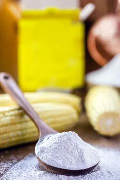 Corn starch is the corn flour used in cooking to prepare creams, as a thicken Stock Photos