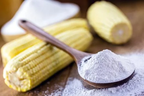 Corn starch is the corn flour used in cooking to prepare creams, as a thicken Stock Photos