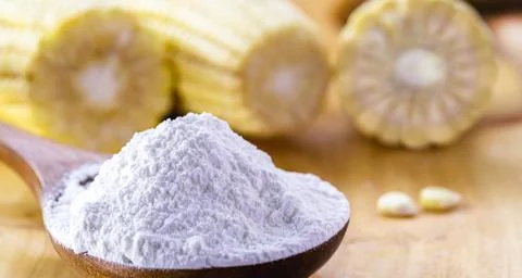Corn starch is the corn flour used in cooking to prepare creams, as a thicken Stock Photos