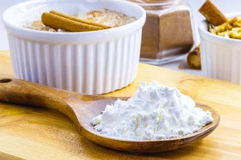 Corn starch is the flour made from corn used in cooking or for the preparatio Stock Photos