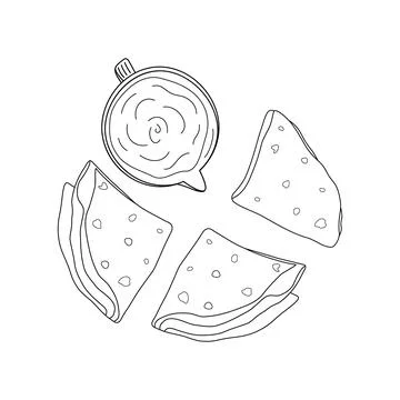Corn tortillas folded in a triangle with sauce in a gravy boat. Line art Stock Illustration