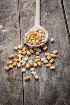 Corn on a wooden spoon Foto stock