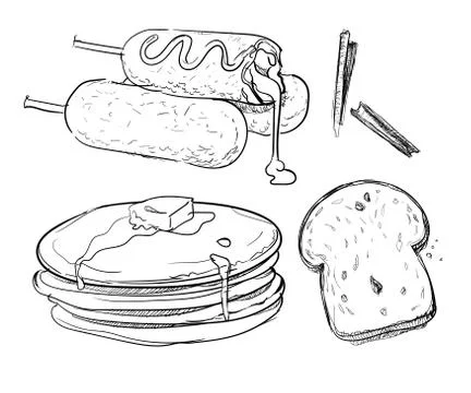 Corndog bread slice pancake honey hand drawn sketches white isolated background Stock Illustration