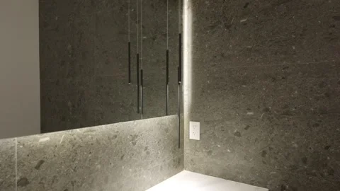 Corner of bathroom with concrete pattern tiles, clean mirror and artificial Stock Footage 280444778