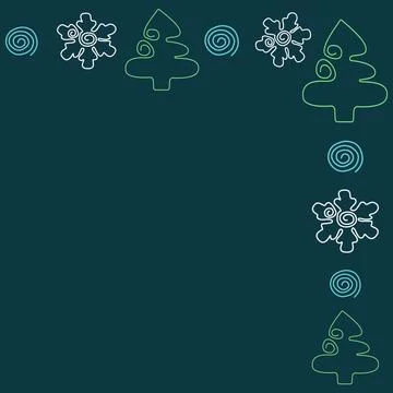 Corner border with Christmas trees and snowflakes in fine hand drawn lines on a Stock Illustration