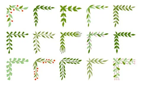 Corner border frame floral decor green flat set Stock Illustration