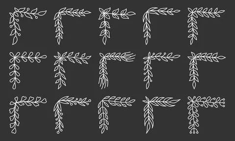 Corner border frame floral decor black line set Stock Illustration