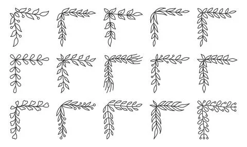 Corner border frame floral decor black line set Illustrazione stock