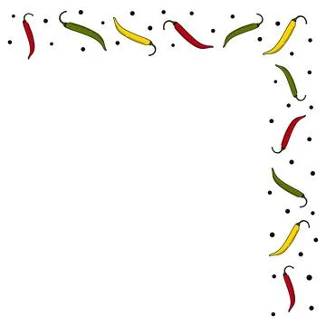 Corner border of red, yellow and green chili peppers with black peppercorns on Stock Illustration
