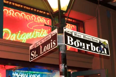 Corner of Bourbon &amp; St. Louis Stock Photos