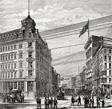 Corner of Broad and Wall Streets, New York City, United States of America.  Drex Ilustración de archivo