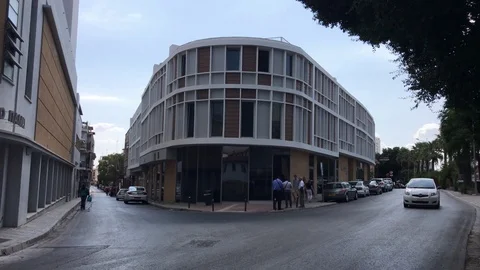 Corner Building with Multi Color Windows. Classic Hotel in Nicosia, Cyprus Stock-Footage 101373540