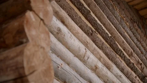 Corner of building under construction made of natural unhewn logs. Natural house Video stock 221938235