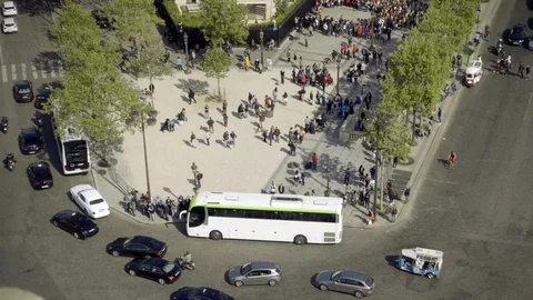 Corner at Champs-Elysees with bus picking up passengers tourists in Paris France Stock Footage 93927998