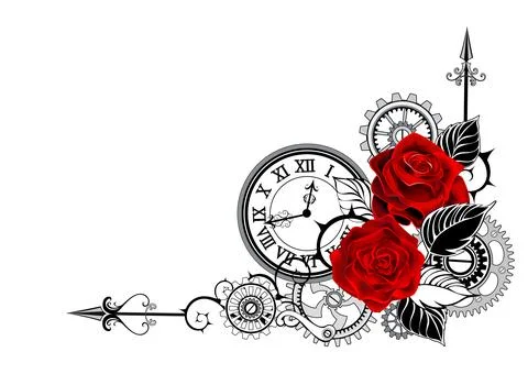Corner composition with clock and red roses Stock Illustration