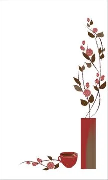 Corner composition with pink roses and green leaves in vase and cup of coffee Stock Illustration