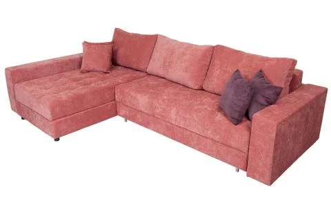 Corner convertible sofa-bed with storage space, upholstery soft pink fabric. Stock Photos