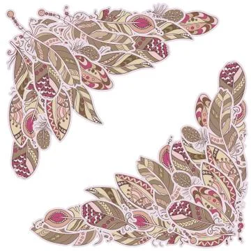 Corner decor element for frames in vector graphic with feathers in tribal orn Stock Illustration