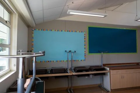 Corner of empty classroom with tables and blank posters before school year Stock Photos