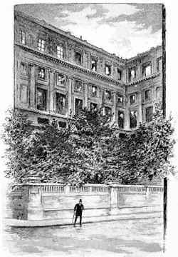 A corner of the facade, vintage engraving. Stock Illustration