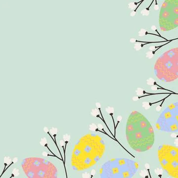 Corner Frame border of Colorful Easter Eggs and blooming twigs Copy space Stock Illustration