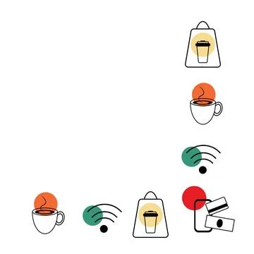 Corner Frame border with Contactless Payment symbols and Coffee Cup Icons Cafe Stock Illustration