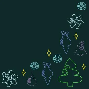 Corner frame with a Christmas tree and snowflakes in neon hand drawn lines on a Stock Illustration