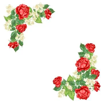 Corner frame decor elements with jasmine and rose flowers Stock Illustration