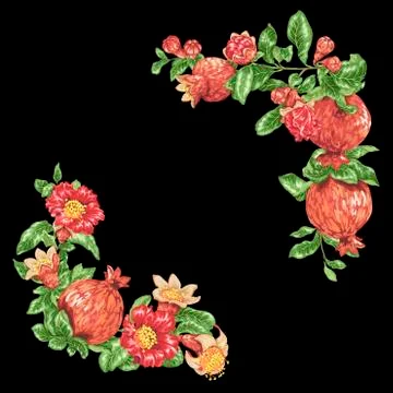 Corner frame decorative vector element with pomegranate fruits and flowers Stock Illustration