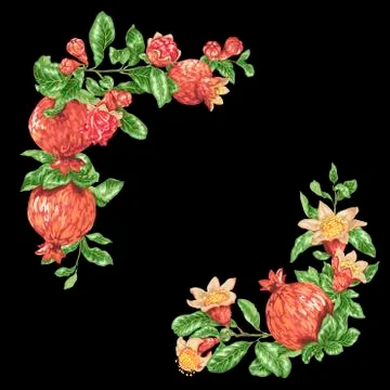 Corner frame decorative vector element with pomegranate fruits and flowers Stock Illustration