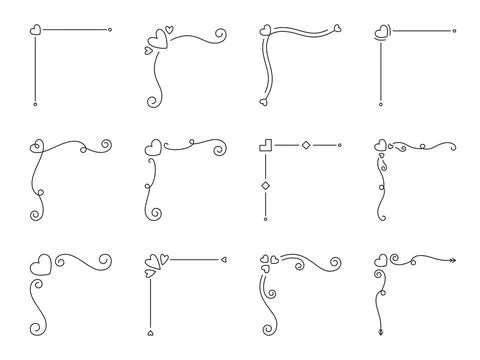 Corner frame heart divider black editable line set Stock Illustration