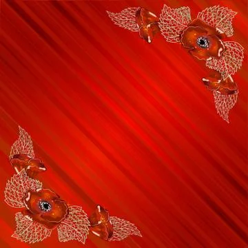 Corner frame with poppies on red background with strips Stock Illustration