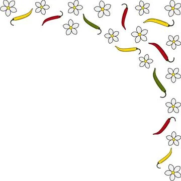 Corner frame with scattered chili peppers and white flowers along the top and Stock Illustration