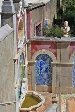 Corner-the garden's third level stairs-nymph fountain-NeoRococo palace. Estoi-PT Stock Photos