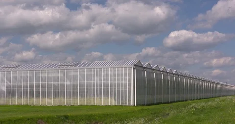 Corner of a glasshouse under cloudy sky Stock Footage 89523347